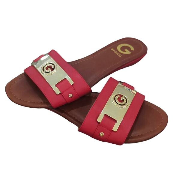 G by Guess Shoes - G by Guess Jeena Sandals Slides Slip-On Red Gold Logo Strap Women's Size 7.5